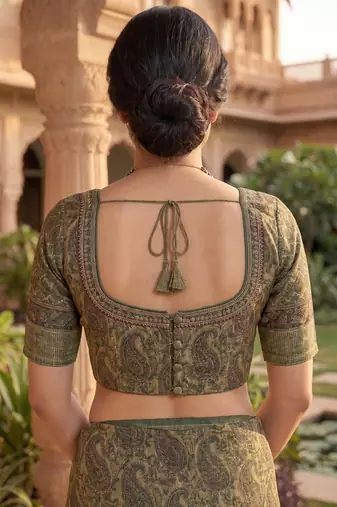 green & beige chanderi paisley printed ready to wear saree