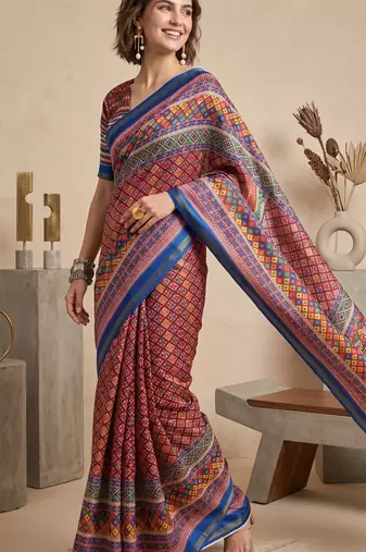 multicolor linen geometric bollywood digital print saree