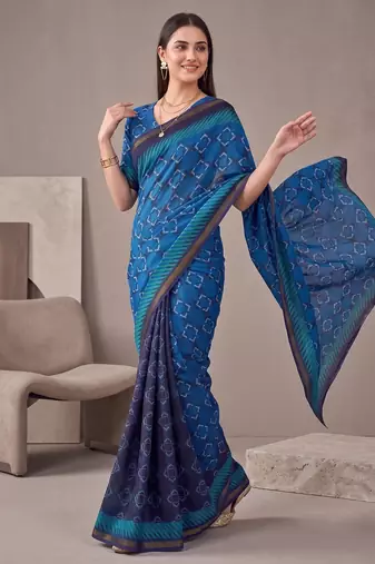 Royal blue linen geometric bollywood digital print saree