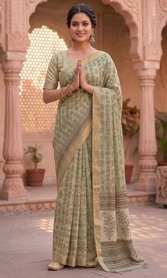 cream & green chanderi graphic printed ready to wear saree 2
