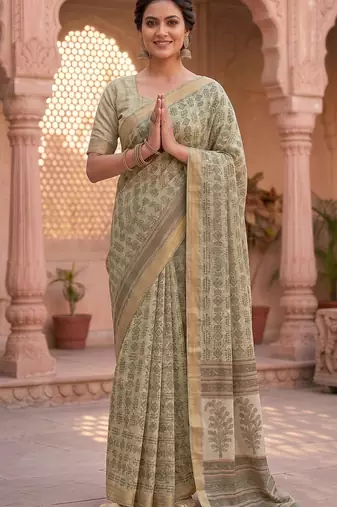 cream & green chanderi graphic printed ready to wear saree
