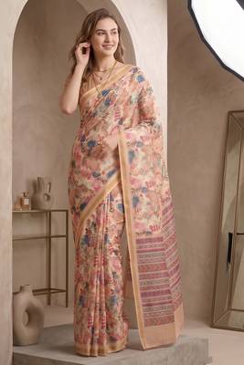 Beige linen floral bollywood digital print saree 3