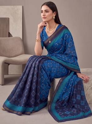 Royal blue linen geometric bollywood digital print saree 3
