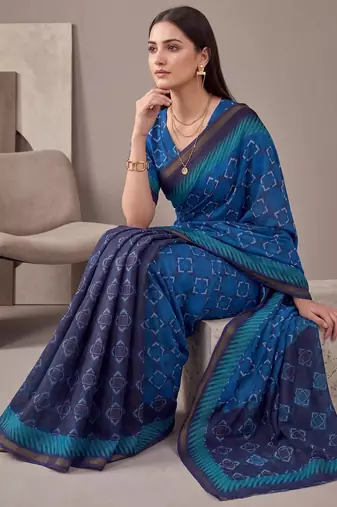 Royal blue linen geometric bollywood digital print saree