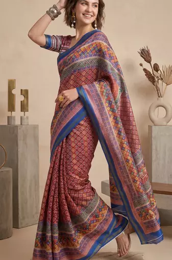 multicolor linen geometric bollywood digital print saree