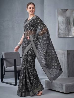 black chanderi block print digital print bollywood saree 3