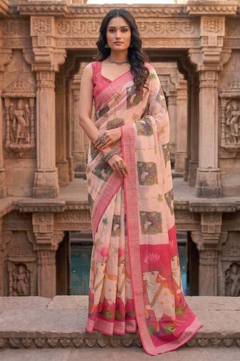 cream & pink chanderi pichwai printed ready to wear saree