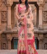 cream & pink chanderi pichwai printed ready to wear saree
