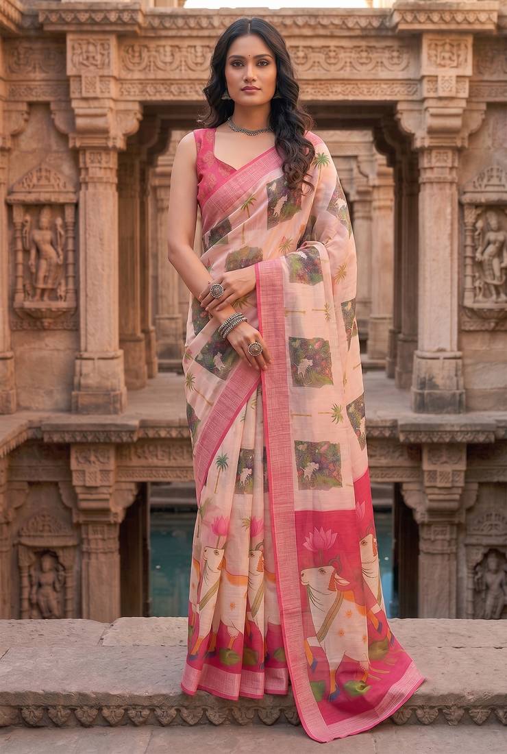 cream & pink chanderi pichwai printed ready to wear saree