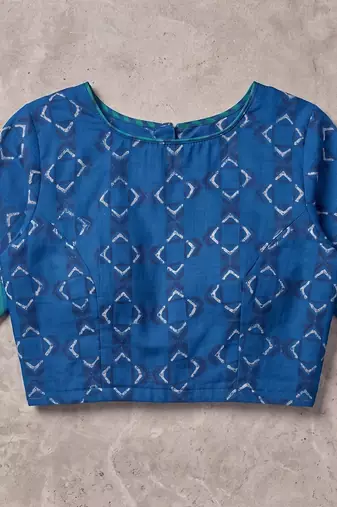 Royal blue linen geometric bollywood digital print saree