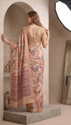 Beige linen floral bollywood digital print saree 4