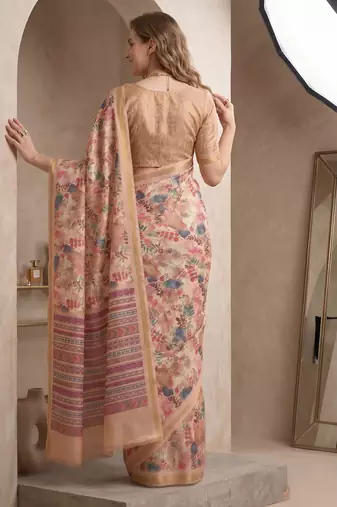 Beige linen floral bollywood digital print saree