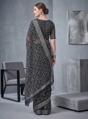 black chanderi block print digital print bollywood saree 4