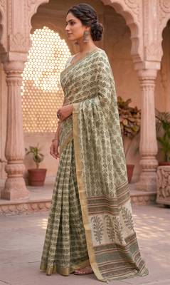 cream & green chanderi graphic printed ready to wear saree 3