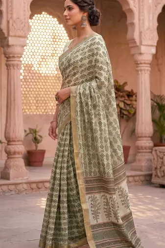 cream & green chanderi graphic printed ready to wear saree