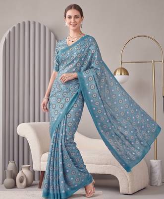 Light blue linen block print bollywood digital print saree 1