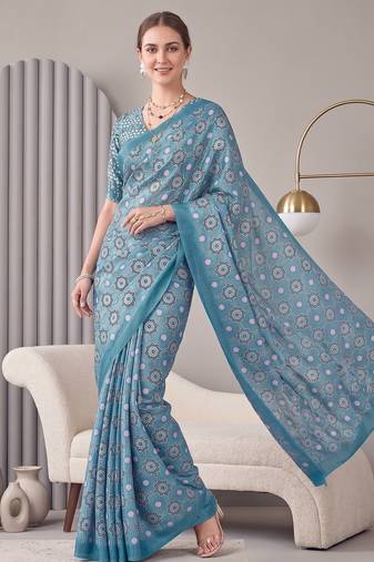 Light blue linen block print bollywood digital print saree