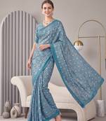 Light blue linen block print bollywood digital print saree