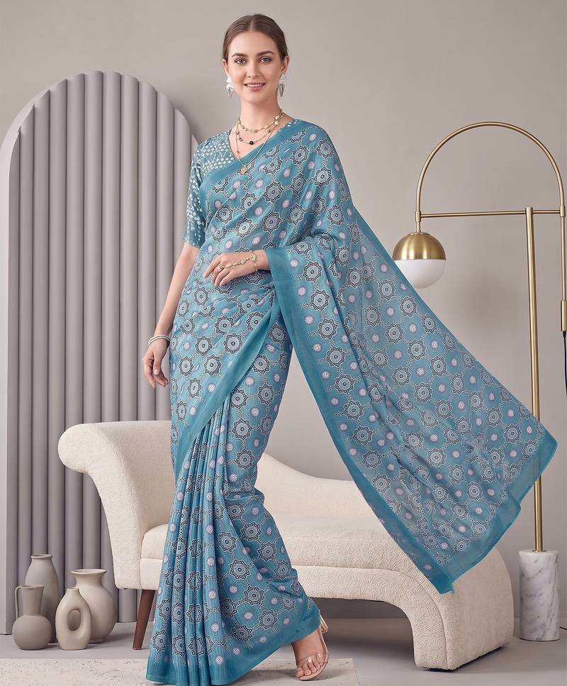Light blue linen block print bollywood digital print saree