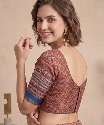 multicolor linen geometric bollywood digital print saree 5
