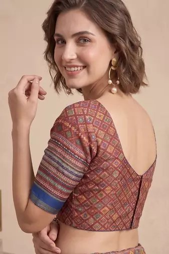 multicolor linen geometric bollywood digital print saree