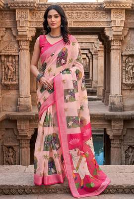 cream & pink chanderi pichwai printed ready to wear saree 2