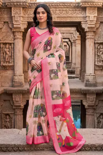 cream & pink chanderi pichwai printed ready to wear saree