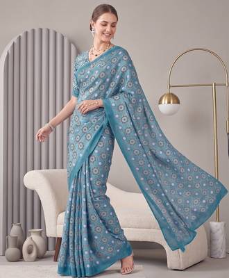 Light blue linen block print bollywood digital print saree 2