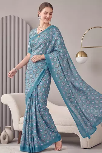 Light blue linen block print bollywood digital print saree
