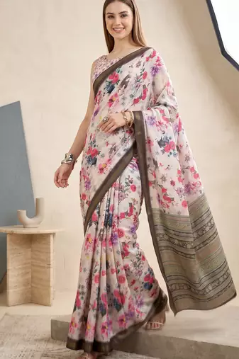 White linen floral bollywood digital print saree