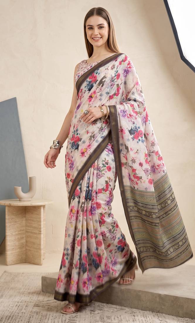 White linen floral bollywood digital print saree