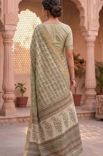 cream & green chanderi graphic printed ready to wear saree