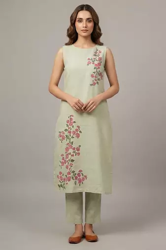 Light green floral embroidered kurta set
