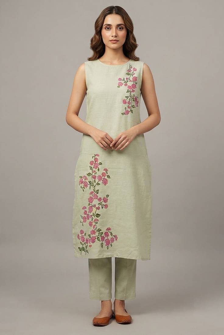 Light green floral embroidered kurta set