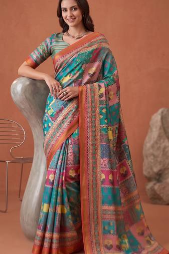 multicolor linen geometric bollywood digital print saree