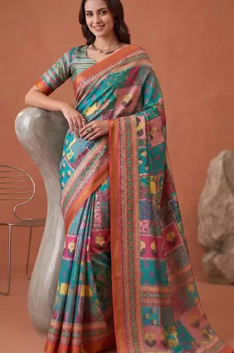multicolor linen geometric bollywood digital print saree