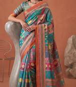 multicolor linen geometric bollywood digital print saree