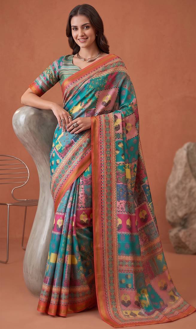 multicolor linen geometric bollywood digital print saree