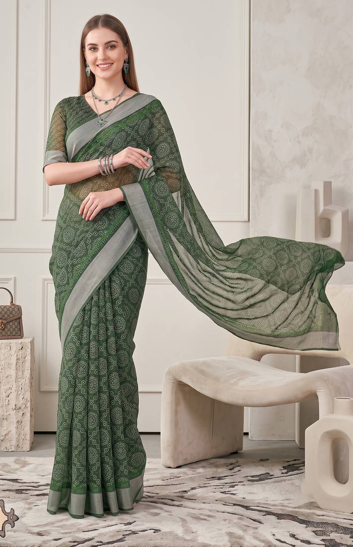 green chanderi bandhani digital print bollywood saree