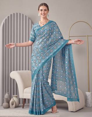 Light blue linen block print bollywood digital print saree 3