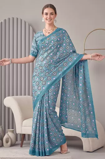 Light blue linen block print bollywood digital print saree