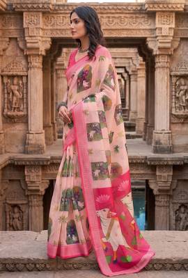 cream & pink chanderi pichwai printed ready to wear saree 3
