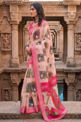 cream & pink chanderi pichwai printed ready to wear saree