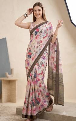 White linen floral bollywood digital print saree 2