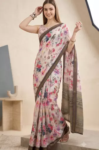 White linen floral bollywood digital print saree