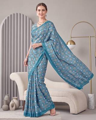 Light blue linen block print bollywood digital print saree 4