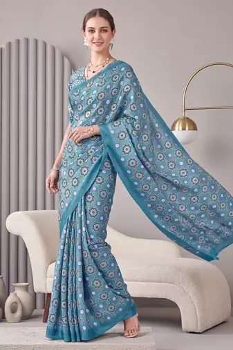 Light blue linen block print bollywood digital print saree