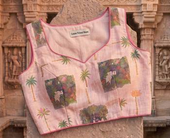 cream & pink chanderi pichwai printed ready to wear saree 4