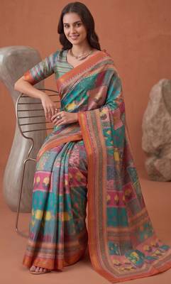 multicolor linen geometric bollywood digital print saree 2