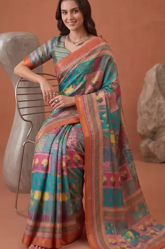 multicolor linen geometric bollywood digital print saree